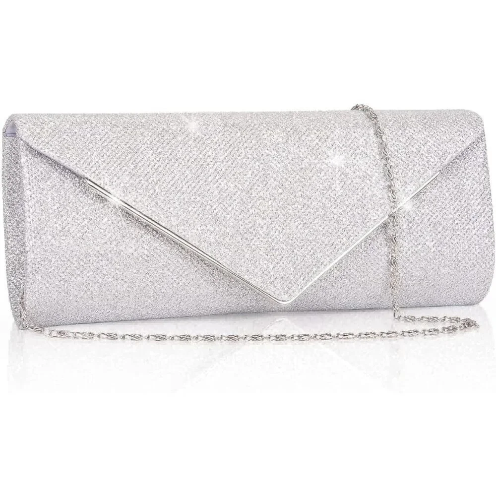 Women's Sliver Sparkling Envelope Bag With Detachable Chain Clutch Purses